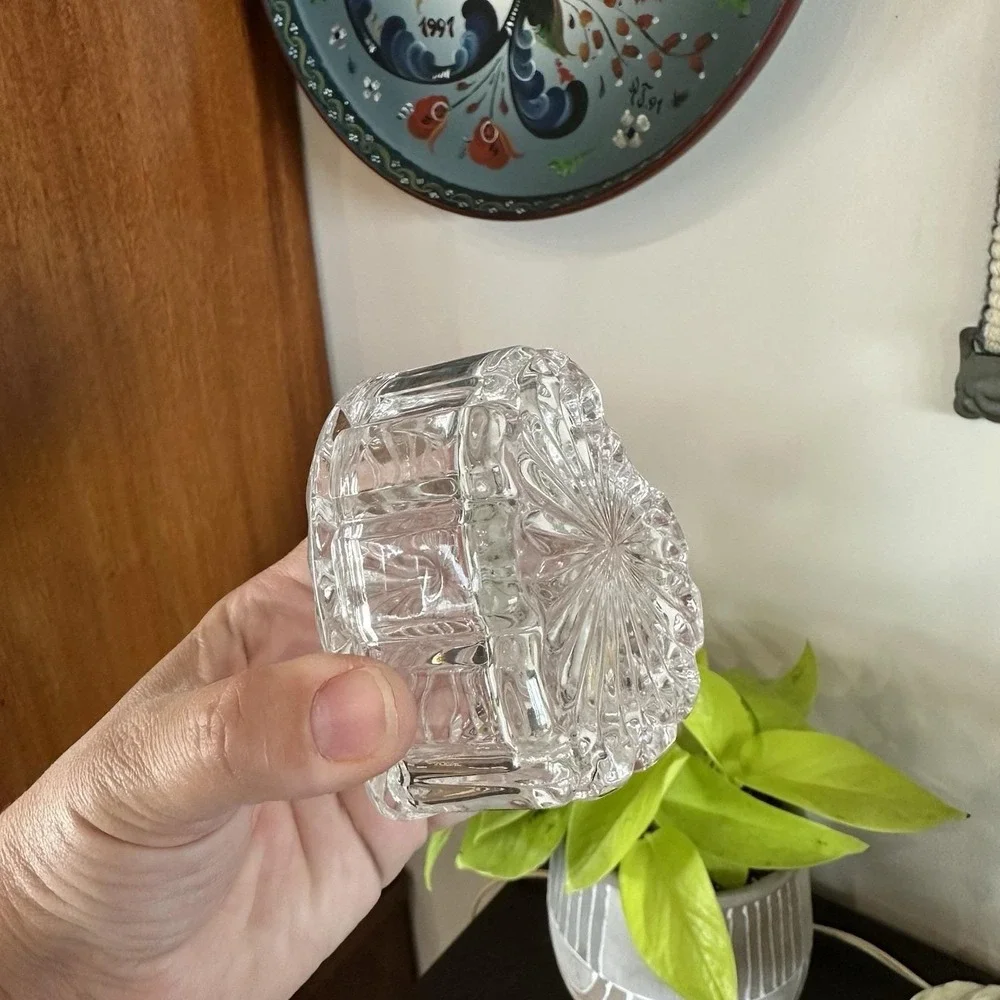 Vtg Crystal Heart Trinket Ring Dish Box Glass Clear Heart Shaped Lid Jewelry